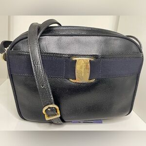 Ferragamo Crossbody Shoulder Bag Crocodile Embossing Vara Ribbon Dark Navy Blue